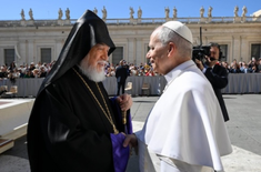 Pope Leo XIV greets Armenian Catholicos Aram I at the beginning of the General Audience