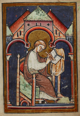 Bede writing, from a 12th-century copy of his Life of St Cuthbert (Yates Thompson MS 26, f. 2r)