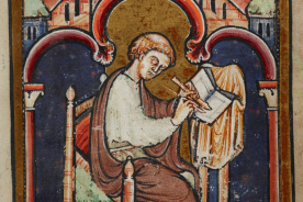 Bede writing, from a 12th-century copy of his Life of St Cuthbert (Yates Thompson MS 26, f. 2r)