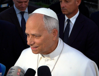 Pope Leo addresses journalists by Castel Gandolfo Image: Vatican Media