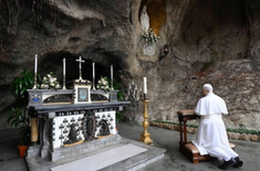 Pope praying at Vatican Gardens Shrine of Our Lady of Lourdes. Image: Vatican Media