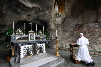 Pope praying at Vatican Gardens Shrine of Our Lady of Lourdes. Image: Vatican Media