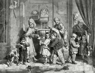 Holy water distribution on Holy Saturday morning, Published by La Ilustración Española y Americana, Photogravure on paper. 5 April 1876  © Alamy