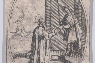 A bearded Justin Martyr presenting an open book to a Roman emperor,  etching by Jacques Callot, publisher Israël Henriet, 1632-1635 © Alamy
