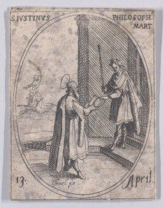 A bearded Justin Martyr presenting an open book to a Roman emperor,  etching by Jacques Callot, publisher Israël Henriet, 1632-1635 © Alamy