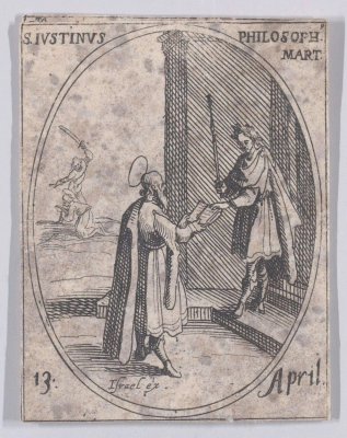 A bearded Justin Martyr presenting an open book to a Roman emperor, etching by Jacques Callot, publisher Israël Henriet, 1632-1635 © Alamy
