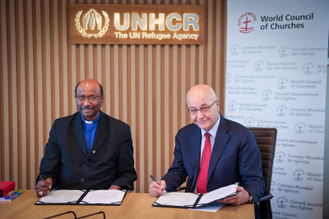 WCC gen sec Rev Prof Dr Jerry Pillay, UNHCR Dr Barham Salih. Photo: Gregoire de Fombelle/WCC