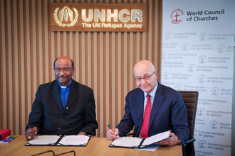 WCC gen sec Rev Prof Dr Jerry Pillay, UNHCR Dr Barham Salih. Photo: Gregoire de Fombelle/WCC