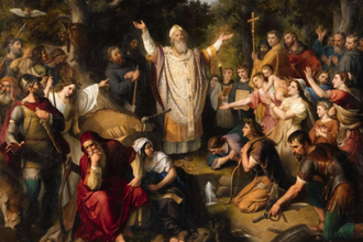 Saint Boniface Felling Donar's Oak, by Johann Michael Wittmer,  1860  © Sold Lempertz Cologne, 15 November 2014, Lot 1540, sold €34,000