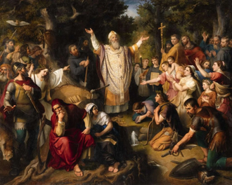 Saint Boniface Felling Donar's Oak, by Johann Michael Wittmer,  1860  © Sold Lempertz Cologne, 15 November 2014, Lot 1540, sold €34,000