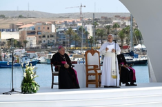 Pope Leo at the meeting with migrants and those who rescue and accompany them in Arguineguín, Gran Canaria. Image: Vatican Media