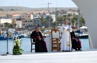 Pope Leo at the meeting with migrants and those who rescue and accompany them in Arguineguín, Gran Canaria. Image: Vatican Media