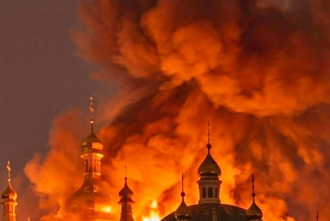 The historic Dormition Cathedral in Kyiv, was engulfed in smoke and flames last night