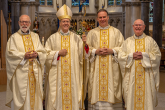 l-r: Fr Gerard Wilberforce, Bishop Nicholas Hudson, Fr Anthony O'Gorman and Canon John Webb. Image: ben@nativemultimedia