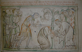 Sanctus Albanus decapitatus, 13th Century manuscript of The Life of St. Alban, 1250. Trinity College Dublin Library, nr MS E. I40, folio 38r