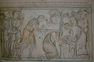 Sanctus Albanus decapitatus, 13th Century manuscript of The Life of St. Alban, 1250. Trinity College Dublin Library, nr MS E. I40, folio 38r