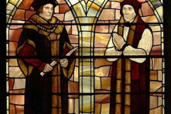 Saints John Fisher and Thomas More, stained glass window by Andrew Taylor, installed 1993, St Simon and St Jude Catholic Church, Streatham, London, SW2