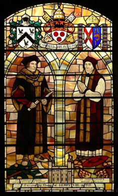 Saints John Fisher and Thomas More, stained glass window by Andrew Taylor, installed 1993, St Simon and St Jude Catholic Church, Streatham, London, SW2
