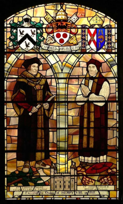 Saints John Fisher and Thomas More, stained glass window by Andrew Taylor, installed 1993, St Simon and St Jude Catholic Church, Streatham, London, SW2