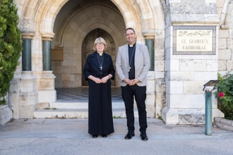 Archbishop Sarah Mullally with Archbishop Hosam Naoum, at St George's Anglican Cathedral,  East Jerusalem.  Photo:  Lambeth Palace