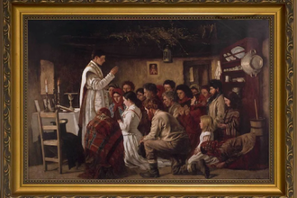 Mass in a Connemara Cabin by Aloysius O'Kelly, painted in 1883 © National Gallery of Ireland, on loan from the people of St Patrick's, Edinburgh