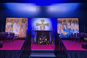 Main Altar with copy of Wilton Diptych and crucifix painted by Martin Earle