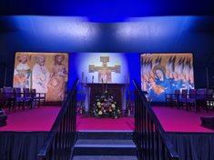 Main Altar with copy of Wilton Diptych and crucifix painted by Martin Earle