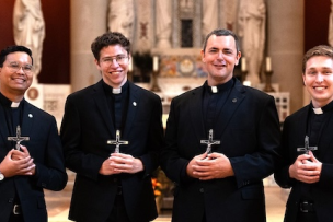 Robert Van Dyke, Wilson Lombard, Christian Goedel, and Noah Bock, made first vows on 8 Aug at St Thomas More Church, St Paul, Minnesota