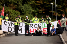 Welsh peace activists at the government-sponsored arms fair in Newport yesterday.
