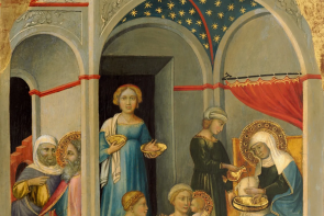 The Nativity of the Virgin,   by Andrea di Bartolo,  painted 1400-1405,  tempera on poplar panel  © National Gallery of Art, Washington