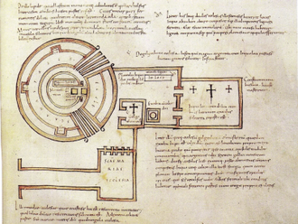 Church of the Holy Sepulchre oldest known plan from Adomanàn's De locis santis, 7th century. Copy in Zurich manuscript © Vienna, Österreichische Nationalbibliothek