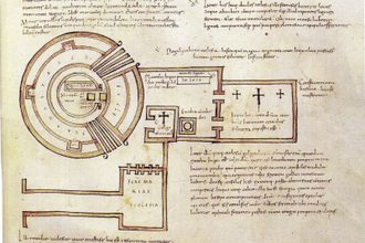 Church of the Holy Sepulchre oldest known plan from Adomanàn's De locis santis, 7th century. Copy in Zurich manuscript © Vienna, Österreichische Nationalbibliothek