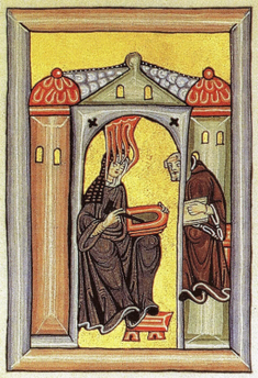20c copy of  11c illumination showing St Hildegard receiving a vision and dictating to teacher Volmar. From Rupertsberg Codex of Liber Scivias.