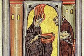 20c copy of 11c illumination showing St Hildegard receiving a vision and dictating to teacher Volmar. From Rupertsberg Codex of Liber Scivias.