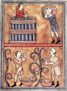 12th century painting: Harvesting and pressing of the grapes