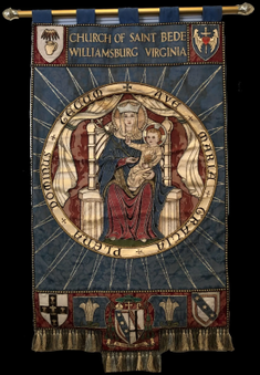 Banner for Saint Bede Catholic Church in Williamsburg, Virginia. Late 19th century, Formerly displayed at National Shrine of Our Lady of Walsingham © Saint Bede Catholic Church