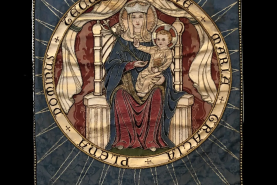 Banner for Saint Bede Catholic Church in Williamsburg, Virginia. Late 19th century, Formerly displayed at National Shrine of Our Lady of Walsingham © Saint Bede Catholic Church