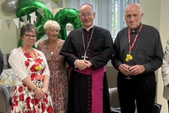 Chris Horsburgh, Chair, Paulette Stone, Manager, Jacquie Scott, former Chair,  Archbishop Richard Moth, Fr Brian Reynolds, Chaplain, Fr John Deehan, former Chair