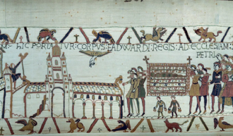 The Bayeux Tapestry. Scene section of the funeral of King Edward the Confessor of England, his body is taken to Westminster Abbey © Wikimedia