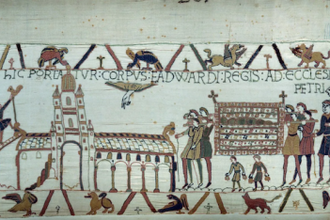 The Bayeux Tapestry. Scene section of the funeral of King Edward the Confessor of England, his body is taken to Westminster Abbey © Wikimedia