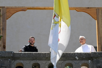 Pope Leo and President Zelensky during an audience in Castel Gandolfo, July 2025